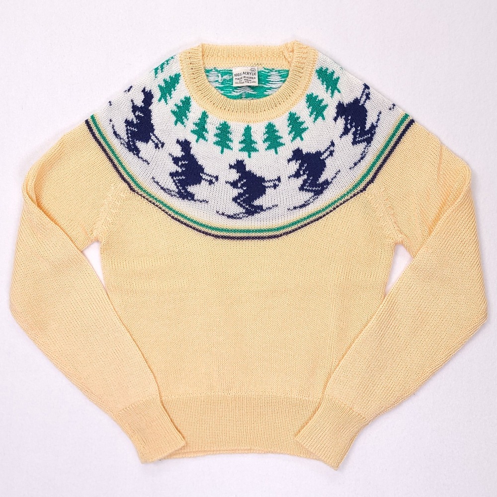 Vintage Skiing‎ Bears Novelty Crewneck Sweater Yellow Acrylic Made in Korea M